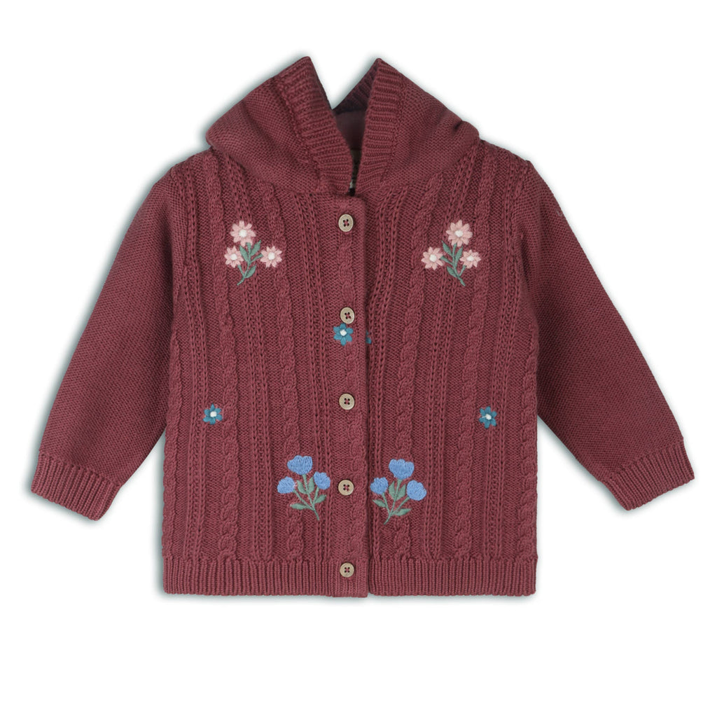 Floral Embroidered Organic Cotton Cable Knit Hooded Cardigan