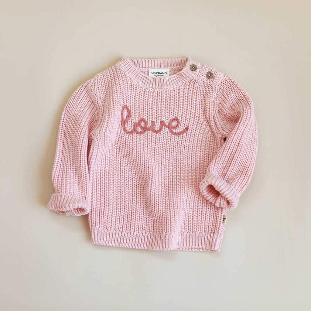 Love Embroidered Organic Cotton Chunky Knit Sweater