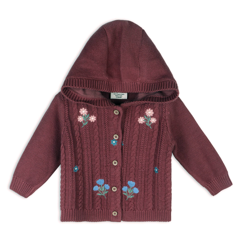 Floral Embroidered Organic Cotton Cable Knit Hooded Cardigan